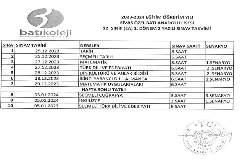2023-2024 EĞİTİM ÖĞRETİM YILI 1.DÖNEM 2. YAZILI TARİHLERİ 